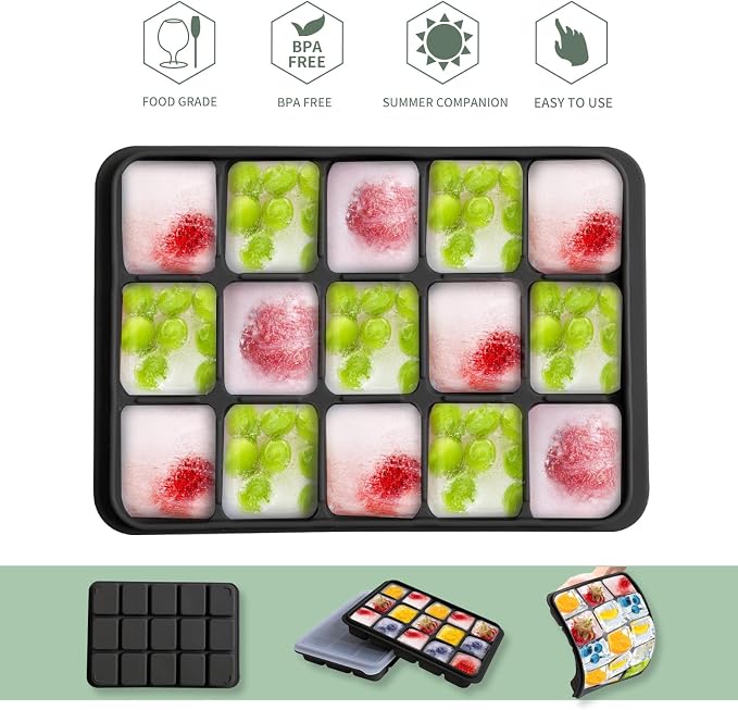 Tvmania Ice Cube Trays Set of 2, 15-Cube Silicone Molds with Removable Lids | Stackable, easy release, BPA-free, reusable, for freezer and whiskey