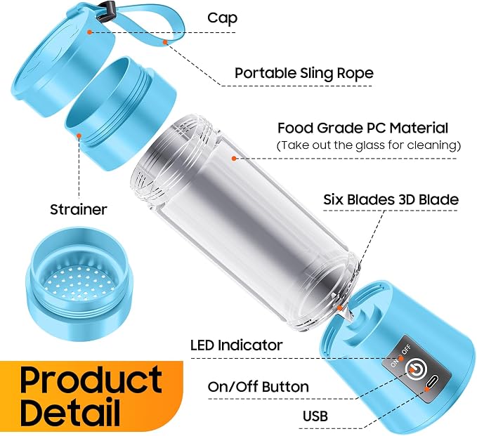 Personal Size Portable Blender Make Smoothies - Mini Blender 12oz Juice Cup | Powerful Blending with 6 Stainless Steel Blades, BAP-Free, Lightweight, Easy Clean,Suit in Travel/Office/Gym/Picnic/ Sports