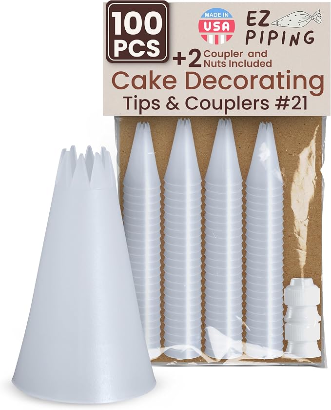 Reusable Plastic Piping Tips, Nozzles Standard Size Star Tip #21 (100pcs) | EZPiping Icing Nozzles with 2 couplers for Cake Decoration and Dessert Design, Baking Supplies Base Ø 0.75" Height 1.25"