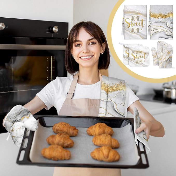 Bencailor 6 Pcs White and Gold Kitchen Decor White Marble Dish Towels Oven Mitts and Potholder Marble Kitchen Set for Baking Cooking Grilling Cleaning Supply Accessories