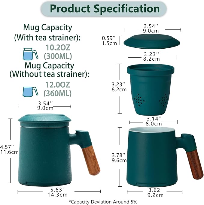 ZENS Tea Cup with Infuser and Lid for Loose Leaf Tea Steeper, 12oz Green | Embossed Ceramic Tea Infuser Mug with Fine Strainer for Herbal Tea Lovers Gifts, Vintage Wood Handle