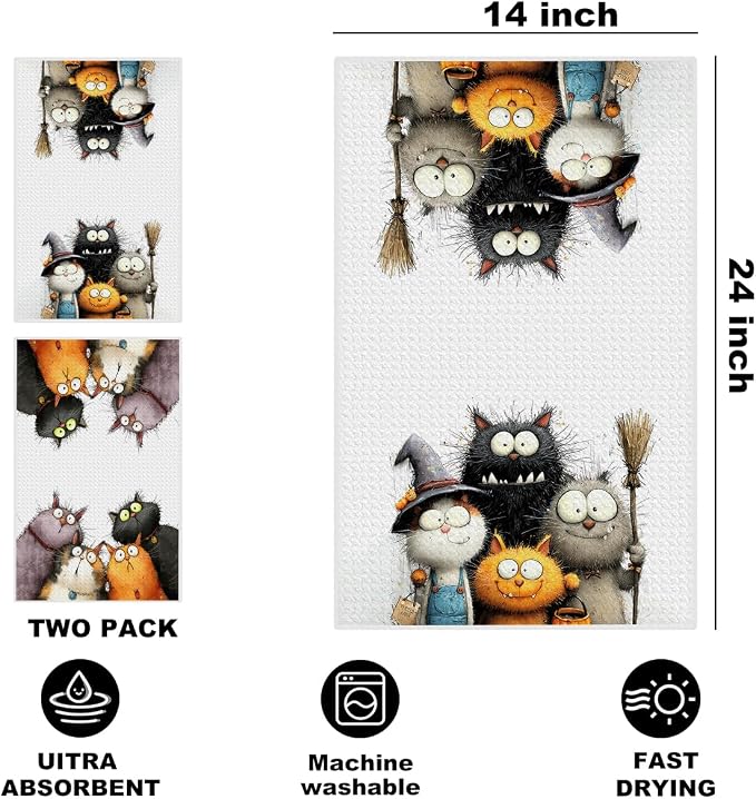 2 Pcs Cute Cat Kitchen Towels, Funny Cats Gifts Absorbent Hand Towels-06 | Cat Dish Cloths for Drying Dishes, Cats Waffle Dish Towels for Kitchen Home Bathroom Decor, Cat Lover Gifts for Women Mom
