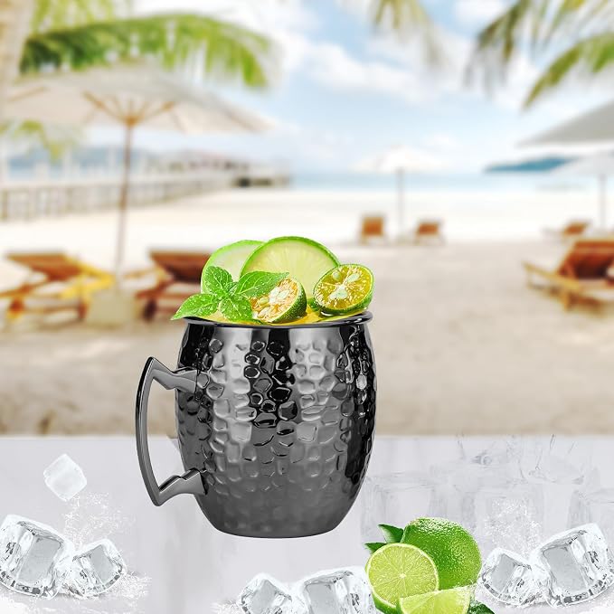Amrules 16oz Moscow Mule Mugs Hammered with Angled Handle, Black | 304 Stainless Steel Lining, Delicate Hammered Finish, Firm Handle, for Cold Drinks, Cocktails, Wine, Beer, Bars & Parties
