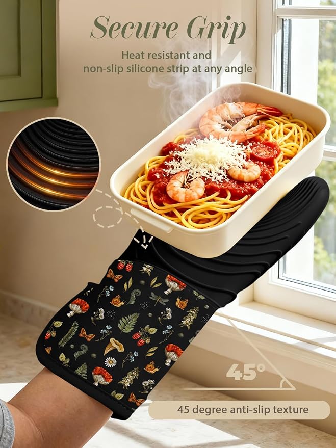 Slohif Long Silicone Oven Mitts Heat Resistant for Women - 2 Pcs Black Mushroom 100% Cotton Oven Gloves, Non-Slip and Waterproof Silicone Oven Mitts with Hanger for Baking and Cooking