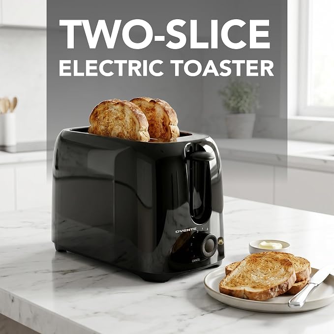 OVENTE Electric 2 Slice Toaster Machine 6-Shade Setting, Black TP2210B | Compact Design and Removable Crumb Tray, 700W Power Perfect for Toasting Bread, Thin Bagels and Waffles