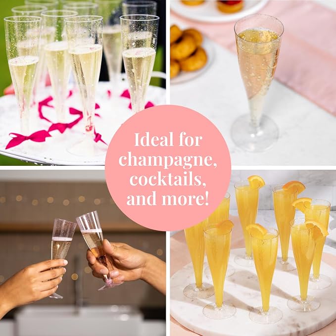 Prestee 200 Disposable Champagne Flutes Gold Glitter Glasses - 4.5 Oz Plastic Champagne Cups for Parties, Wedding Toasts, Mimosa Bar, and New Year’s Eve - Elegant Bulk Gold Plastic Wine Flutes | Disposable