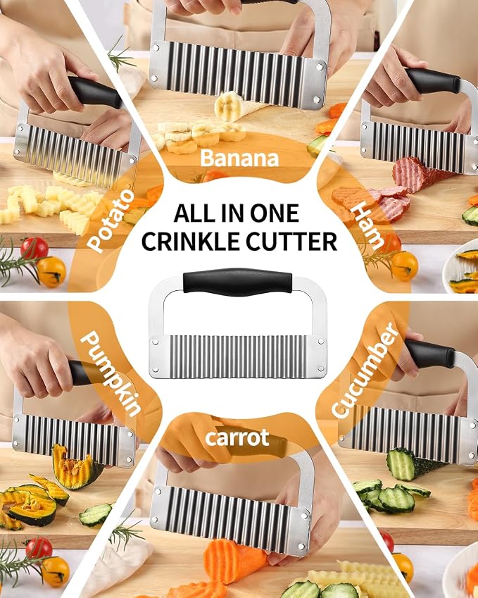 Crinkle Cutter Stainless Steel Potato Slicer Wavy Chopping Black Veggies | Comfortable Black Handle Sharp and Deep Waves Crinkle Cutting Chip for Carrot Zucchini Pickled Cucumber Dishwasher Safety