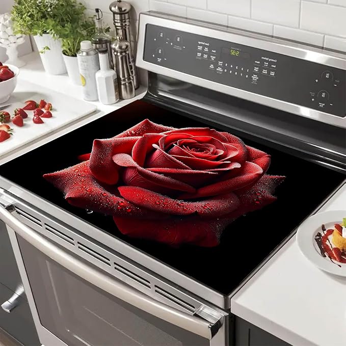 HOMETITUTE Red Rose Bloom Stove Top Cover 28x20 Diatomite Mat
