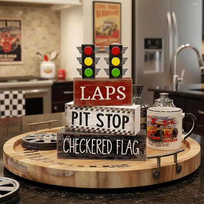 Lineshading 4 Pcs Race Car Wooden Tiered Tray Decor Tabletop Block Signs | Traffic Lights Pit Stop Checkered Flag Design, Boys Racing Birthday Party Room Decorations, Theme Display