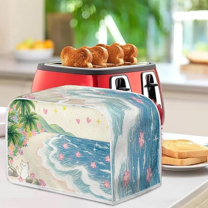 Cat Beach Print Toaster Cover 2 Slice Floral Printed Bread Maker Cover Palm Tree Print Toaster Oven Covers for Kitchen Counter