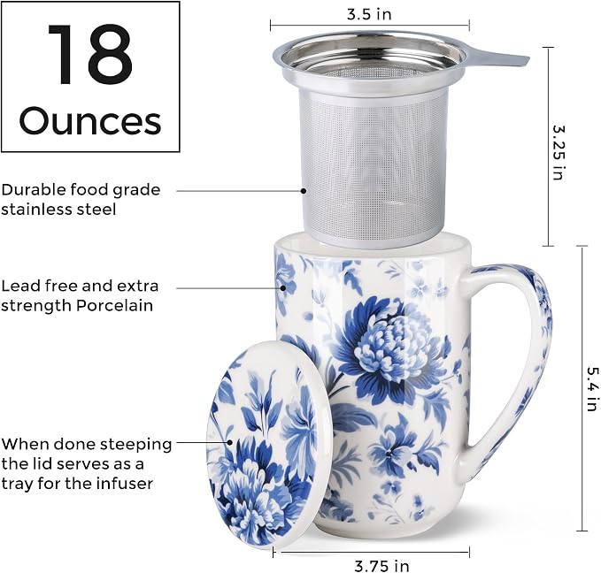 AmorArc Tea Cup With Infuser and Lid, 18oz Loose Leaf Tea Mug With Steeper | Porcelain Tea Mug With Infuser and Lid, Large Strainer Tea Cup with Lid for Tea, Coffee Mug for House-warming Birthday Gift