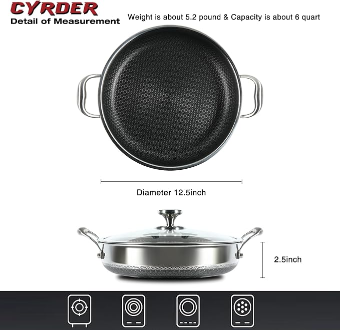 316L Stainless Steel Hybrid Nonstick Frying Pan, 12inch 6QT | Induction Pan with Lid, Two Handle Pan, PFOA Free, Dishwasher Oven Safe, Paella Pan for Stir fry/Toast/Roast/Bake/Stew