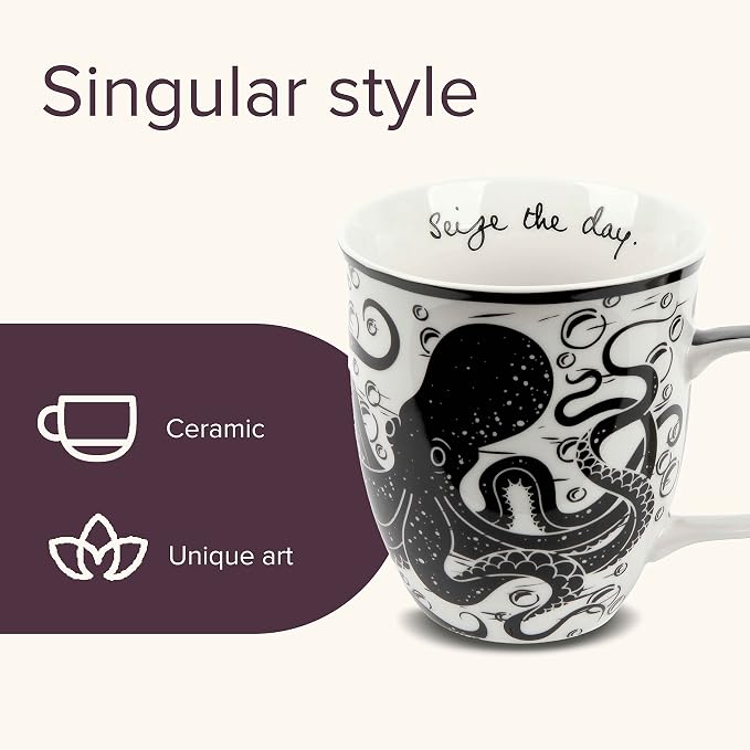 Karma Gifts 14 oz Black and White Boho Mug Octopus - Cute Coffee and Tea Mug - Ceramic Coffee Mugs for Women and Men