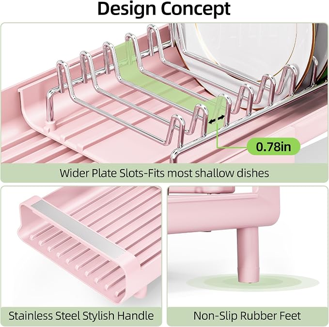 TOOLF Small Dish Drying Rack, Expandable and Space-Saving, Pink | Mini Dish racks for kitchen counter, Compact Design Fits Sink or Counter, Stainless Steel Plate Rack, 11"-19.3"L×7.7"W×3.54"H