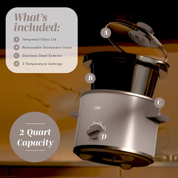 COOK WITH COLOR 2QT Mini Electric Round Slow Cooker - Adjustable Settings, Removable Stoneware Pot, Tempered Glass Lid, Dishwasher Safe, Cool-Touch Side Handles, Greige