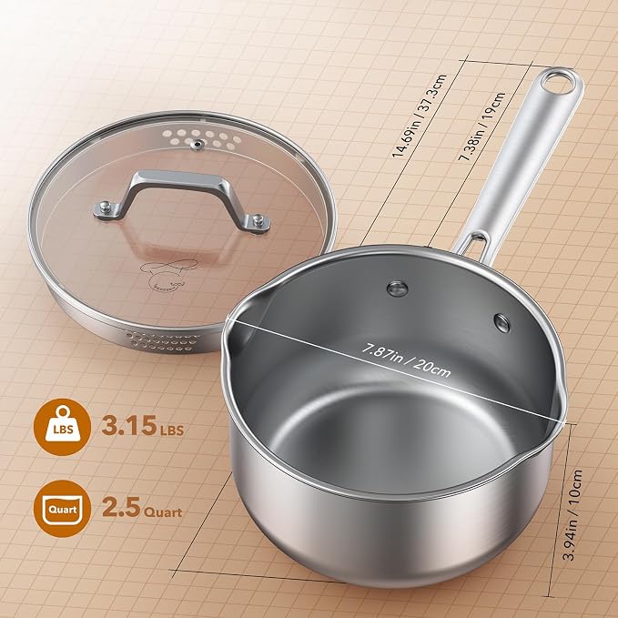 PekGema 2.5QT Saucepan w/Glass Strainer Lid, Tri-Ply Stainless Steel | Tri-Ply Stainless Steel;Dual Spouts&Strainer Holes;Measurement Marks;Dishwasher Safe;Oven Safe 500°F;All Stovetops