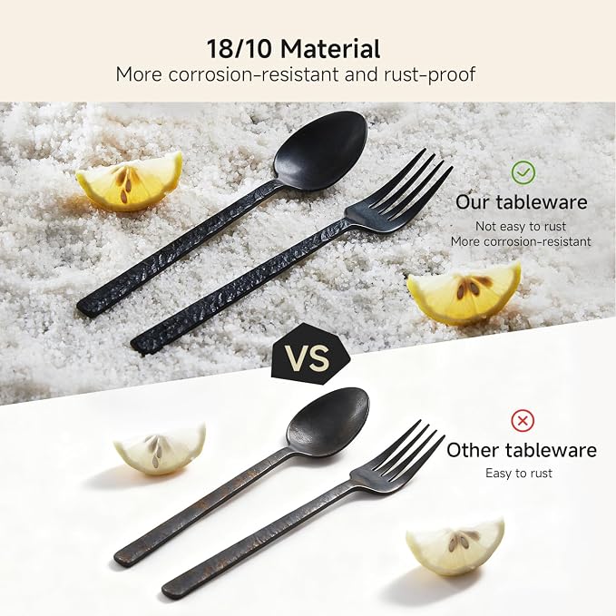 36 Pcs Black Hammered Silverware Set with Steak Knives for 6, 18/10 Stainless Steel Heavy Duty Flatware Set, Tableware Cutlery Utensil Sets for Home Restaurant Dishwasher Safe