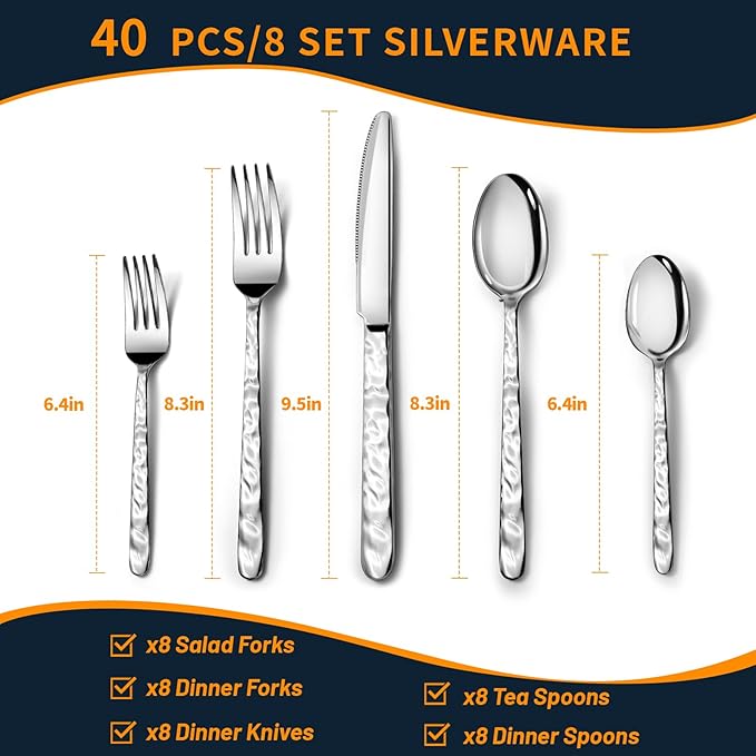 NICE KITCHEN Silverware Set, 40 Piece Heavy Duty Silverware Cutlery Sets | Premium Stainless Steel Flatware Set for 8 with Wavy Patterns, Spoons and Forks Set, Mirror Polished, Dishwasher Safe