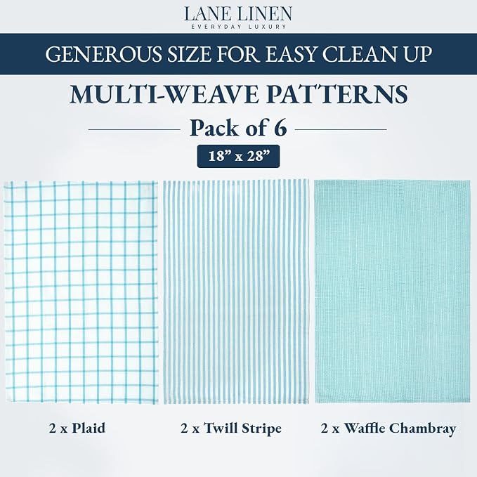 LANE LINEN Cotton Kitchen Towels and Dish Cloths Set, 6-Pack – Absorbent, Quick-Drying Dish Towel, 18" x 28", Soft, Premium Hand and Tea Towels - Aqua