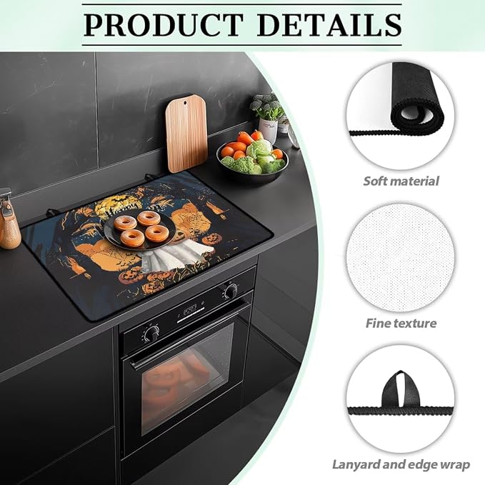 Electric Stove Top Cover 29.18 x 20.96 inch Coffee Machine Mat Halloween Decor Thick Induction Glass Cooktop Protector with Lanyards Range Covers, Cartoon Ghost Pumpkin Happy Halloween Print
