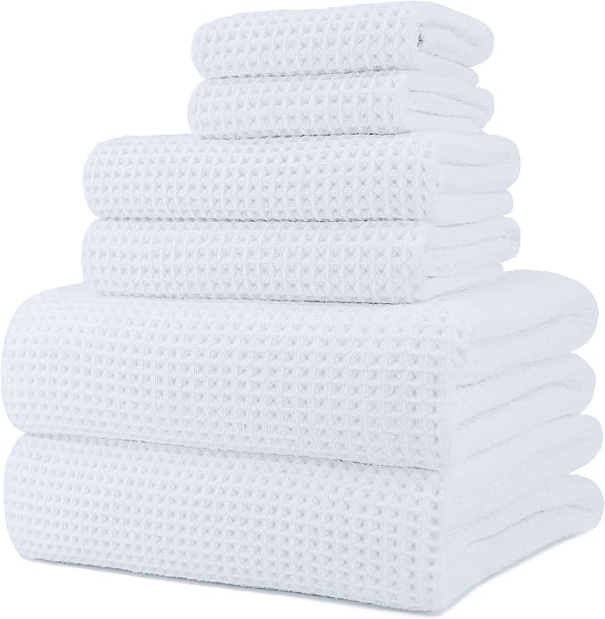 POLYTE 430 GSM Poly Blend Microfiber Quick Dry Waffle Bath Towel Set of 6 | 2-Body Towels, 2-Hand Towels, 2-Wash cloths, Oversize, Lint Free