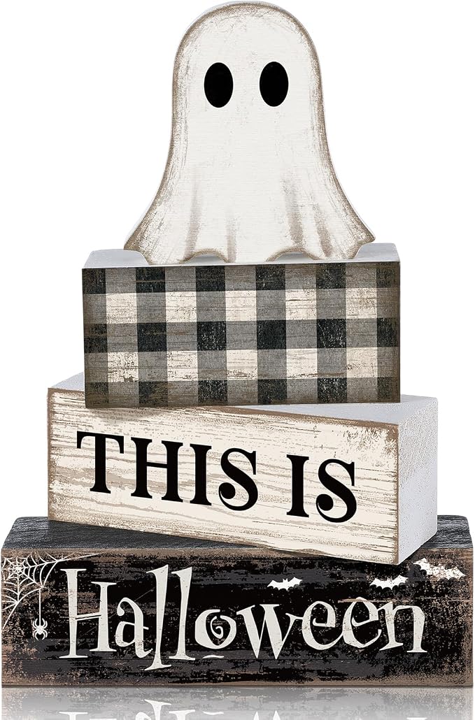 Lineshading 4 Pcs Halloween Table Decor For Home Ghost Tiered Tray Decor | Stacked Blocks with Ghost and Plaid, Rustic Wood, For Tabletop Shelf Mantel, Halloween Farmhouse Home Styling, Gift Ready