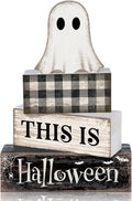 Lineshading 4 Pcs Halloween Table Decor For Home Ghost Tiered Tray Decor | Stacked Blocks with Ghost and Plaid, Rustic Wood, For Tabletop Shelf Mantel, Halloween Farmhouse Home Styling, Gift Ready