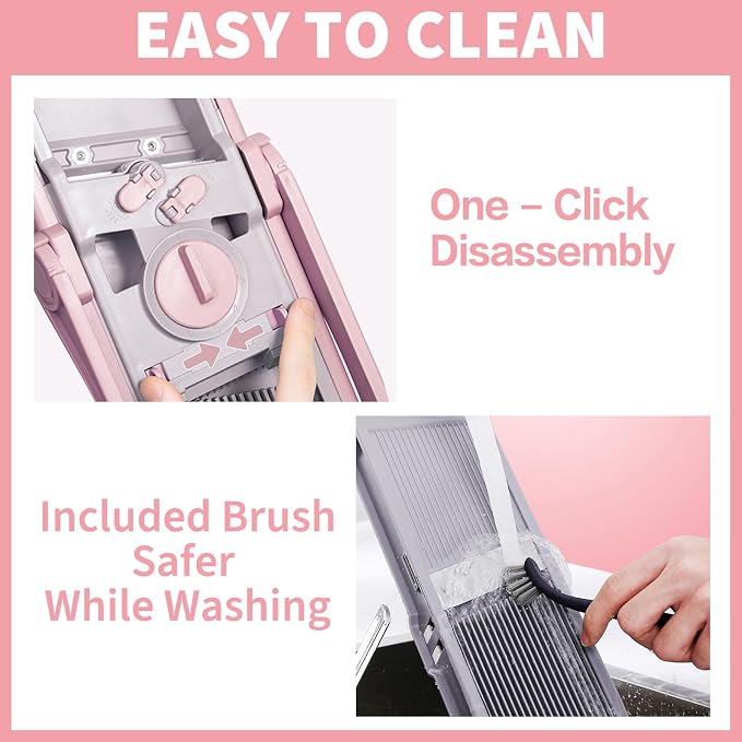 All-in-1 Safe Mandoline Slicer for Kitchen, Food Chopper with Container | 0.1-8mm Thickness Vegetable Chopper, Safe Mandoline Slicer, Potato French Fry Cutter Tomato Apple Slicer Onion (Pink)