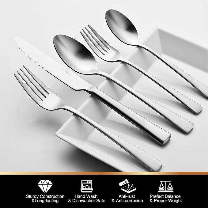 30-Piece Silverware Set, 18/10 Stainless Steel Flatware Set for 6, Matte Satin Finish Forged Cutlery Set Dishwasher Safe | KINGSTONE Forged Flatware Cutlery Set, Mirror Polished Knives Fork and Spoon Utensils, Dishwaher Safe for Home Wedding Party