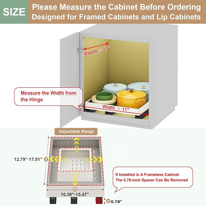Fokyfok Pull out Cabinet Organizer,11"-16"W,13"-17"D,Expandable,Adhesive | No Drill,3 Rails,Roll out Drawers,Adjustable Slide out Shelves for Kitchen,Pantry,Framed and Framless Cabinets,White,1PC