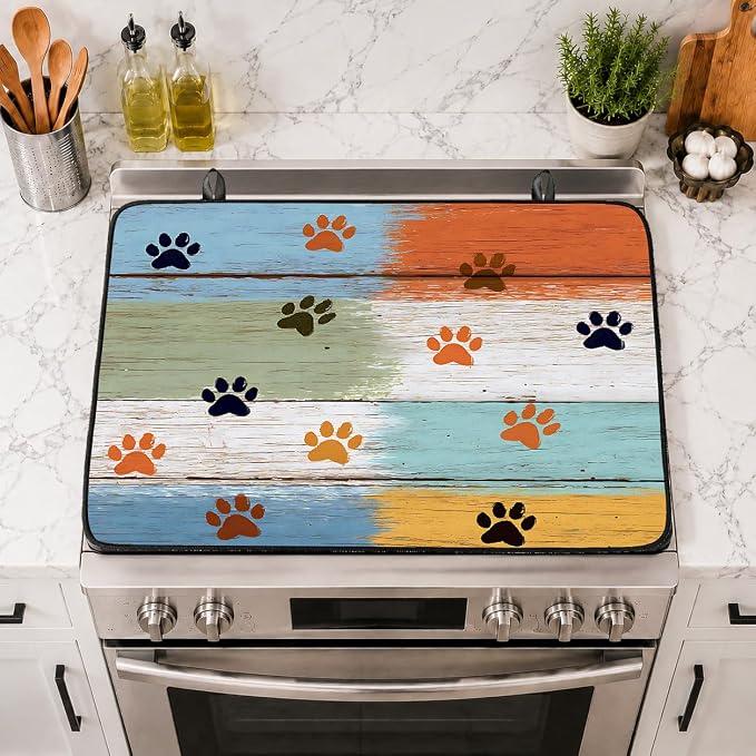 Electric Stove Top Cover for Glass Top, Dog Paw Prints Decor – Heat Resistant Flat Stove Top Covers, Decorative Scratch Protector Mat for Glass Ceramic Cooktop, Non-Slip, 28"x20"