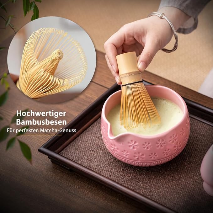 Buucup Matcha Whisk Set, Ceramic Matcha Kit with Bowl & Tools, Pink | 7-piece set includes ceramic bowl, bamboo whisk, scoop, holder, rest, sifter and tea towel for easy matcha making at home.