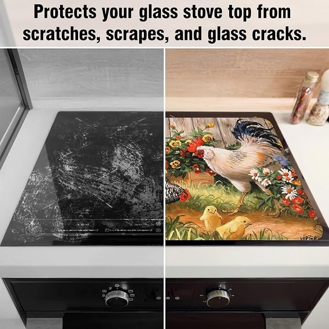Rooster Stove Top Cover for Electric Stoves,Sumflowers Farmhouse Glass Stove Top Cover for Kitchen Decor,Heat Resistant Cooktop Protector Mat,Non-Slip Washable Dish Drying Mat 28"x20"