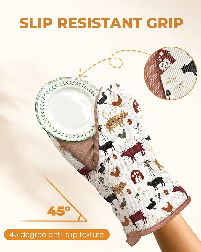 100% Thick Cotton Mini Oven Mitts Silicone Grip Farm Poultry | Girly Cute Oven Mitts for Women, Machine Washable, Non-Slip, Reversible Design Fits Both Hands, Stylish Kitchen Decor