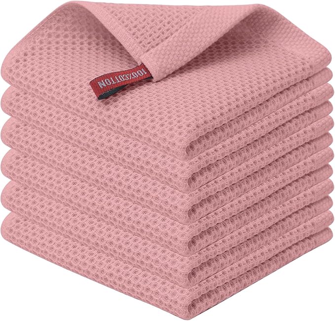 Kitinjoy 100% Cotton Waffle 6-Pack Kitchen Towels, 12" x 12", Dried Roses | Ultra Absorbent, Super Soft, lightweight, Quick Drying Dish Rags for Washing Dishes