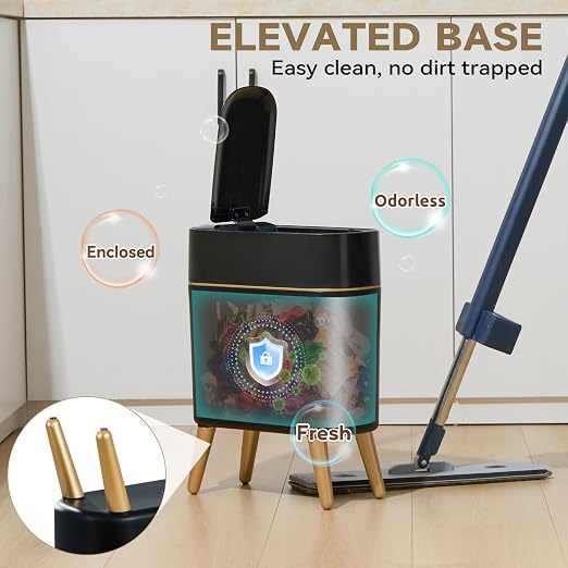 Black and Gold Sensor Trash Can Bathroom,Smart Plastic Wastebasket | Waterproof,Narrow,Motion Sensor, Convenient and Hygienic Easy to Use，2.6 gallon Small Garbage Can for Office,Bedroom,Kitchen