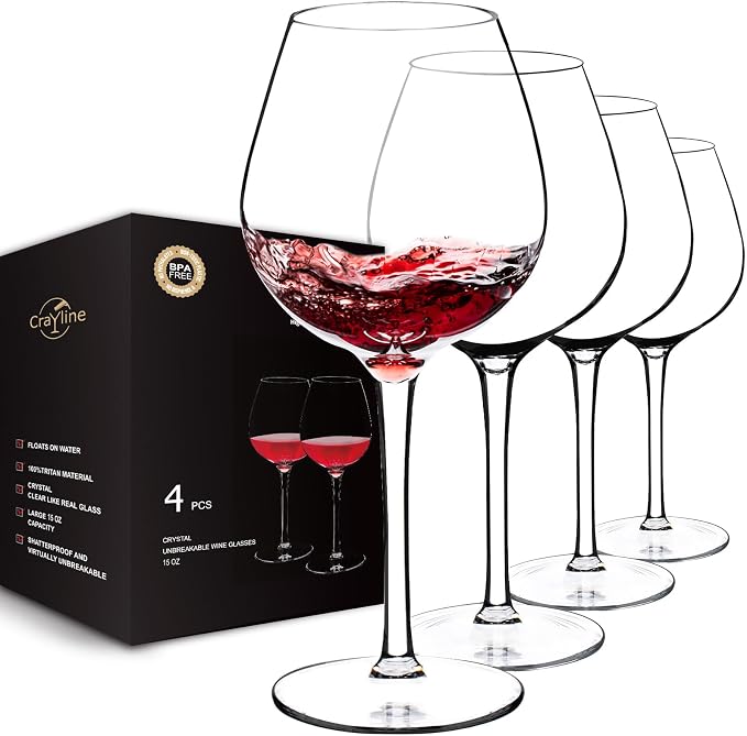 crayline Plastic Wine Glasses Set of 4(15oz) | 100% Tritan & BPA Free | Unbreakable Wine Glasses with Stem | Dishwasher Safe | Perfect For Pool, Patio, Camping, Outdoor Parties, Everyday Use.