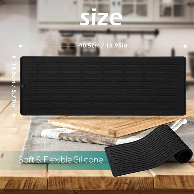 Dish Drying Mats, Heat-resistant Silicone Mat for Kitchen Counter, Non-Slip Dish Dry Mat Dishwasher Safe Large, Black