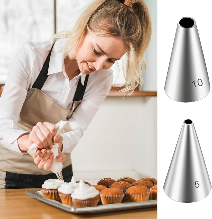 Dimeho 7 Pcs Round Hole Piping Tips Set Stainless Steel Cupcake Frosting Nozzles Cake Decorating Tool Russian Pastry Icing Dispensers Supplies for Baking Cookies Puff Doughnut Cream Bag Filler