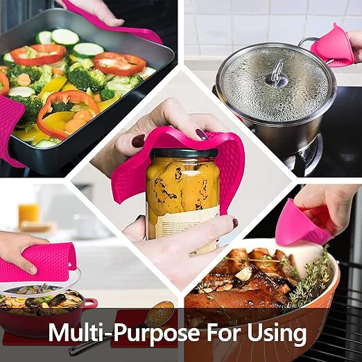 6pcs Silicone Oven Mitts and Pot Holders Sets for Kitchen, Rose | 500°F heat resistant, cotton lining, honeycomb non-slip texture, 15-inch forearm protection, baking cooking gloves