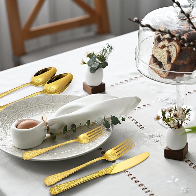 A·HOUSEWARE Gold Flatware Floral Set Stainless Steel Silverware 30 Piece Forks Spoon Knives Cutlery for 6 Kitchen Utensil Vintage Embossed Handle Durable Festival Parties Everyday Use