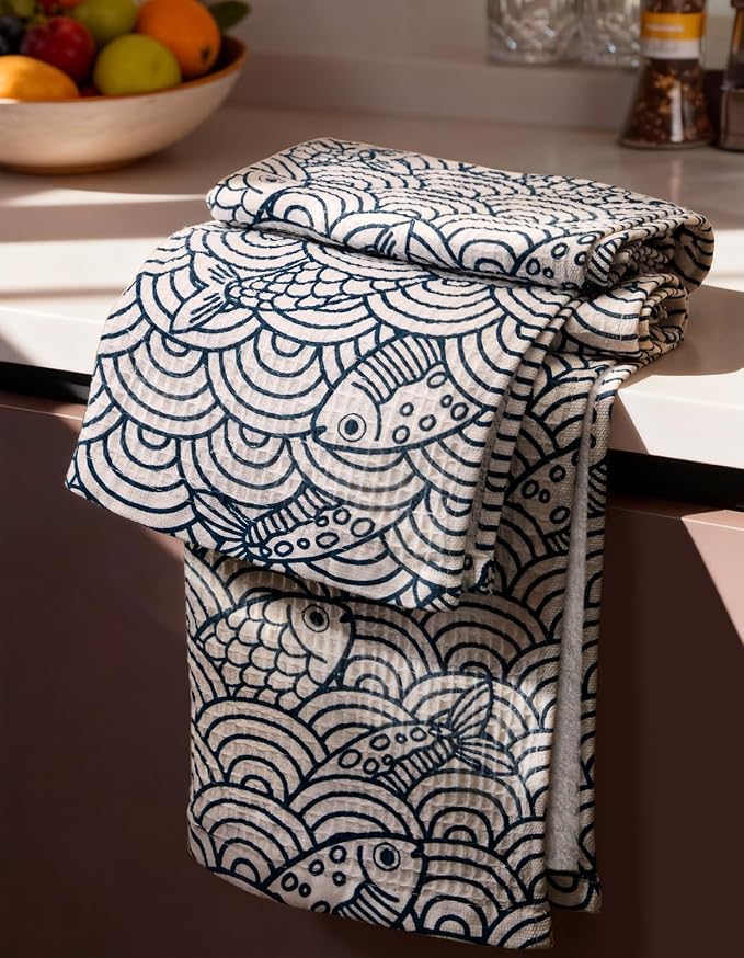 370GSM Cotton Waffle Kitchen Towels, Fish | Pure Cotton, Sustainable, Waffle Weave, Terry Cloth, Highly Absorbent, Decorative, 16"x25", with Hanging Loop