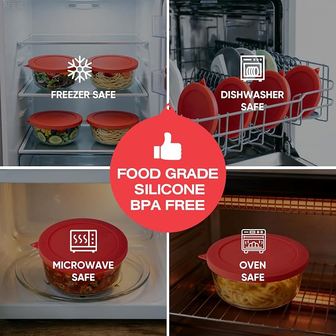 Silicone Lids Replacement for Snapware 7201R 4 Cup Round Glass Storage Containers (Containers Not Included) (Red - 4 Pack)
