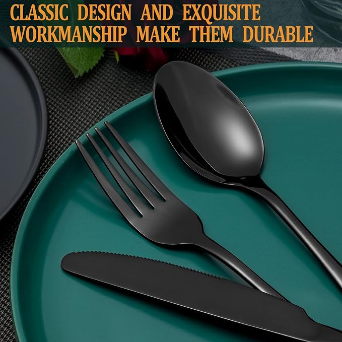 20 Pcs Black Silverware Set, Stainless Steel Flatware Set for 4, Food-Grade Cutlery Set, Mirror Polished Tableware Eating Utensils Set for Home Kitchen, Include Knife Fork Spoon Set, Dishwasher Safe