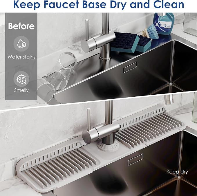 24-Inch Silicone Faucet Mat for Kitchen Sink Splash Guard, 7° Slope | 24"x5.5" water draining mat with fasten button; 1.6-2.75" customizable hole for bathroom, RV & kitchen sink drip catcher.