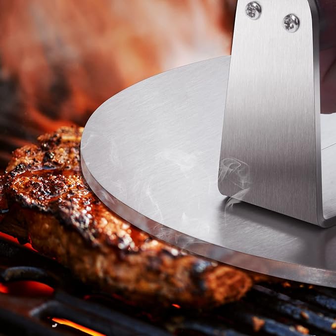 HULISEN 8.5-Inch Burger Press, 2.5 lb Stainless Steel Burger Smasher | Wood Handle, Wide Round Flat Edge Burger Smasher for Bacon & Steaks, Easy Cleanup, Griddle Accessories Fits Flat Top Griddles