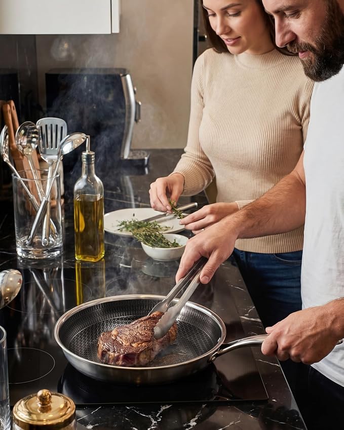 USELUCK Hybrid Non stick Frying Pans with Glass Lid, 10-Inch Frying Pan. | Stainless Steel Skillet with Honeycomb Surface,Oven-Safe,PFAS-Free,Compatible with All Cooktops.