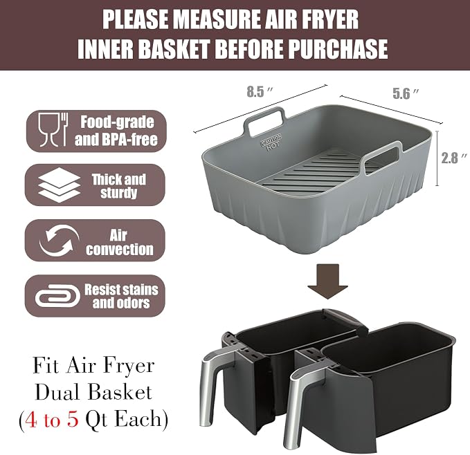 Golden Associate Silicone Liners Rectangle 4 Pcs for Air Fryer Dual Basket 8 to 10 Qt, Food-grade Reusable Baking Tray Fit Ninja DZ201 DZ401 DZ550, 4 to 5 Qt Each, Double Zone Airfryer Accessories