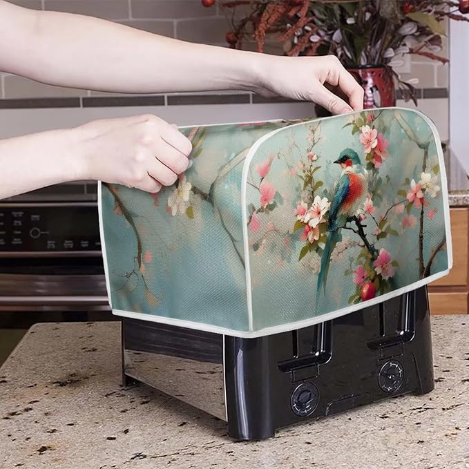 Sparrow Printed Toaster Cover Bakeware Protector, Peach Blossom Print Toaster Oven Cover Washable Small Appliance Covers 4 Slice Kitchen Small Appliance Organizer Bag, M, Green