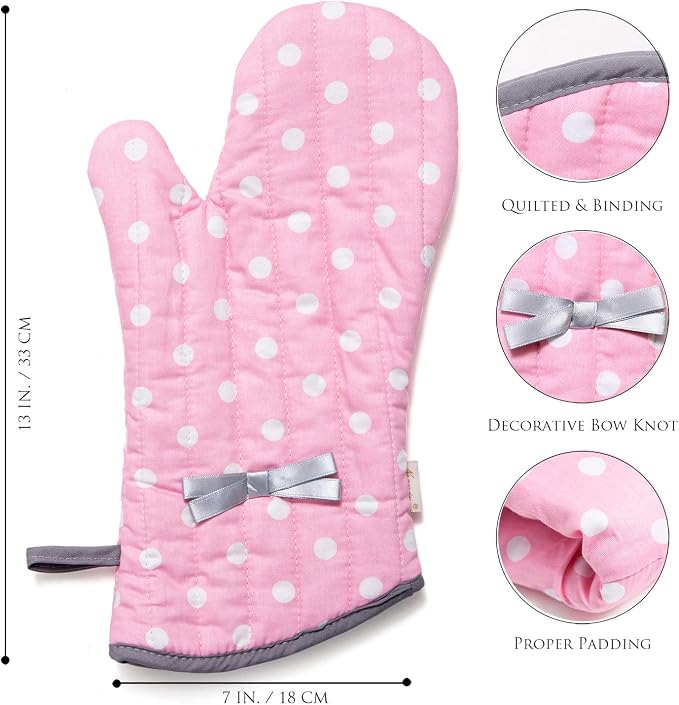 NEOVIVA Kitchen Oven Mitts for Adults,Heat Resistant Cotton Oven Gloves | Set of 2,for Cooking,Baking,Kitchen Gloves for Farmhouse Restaurant,Polka Dots Pink